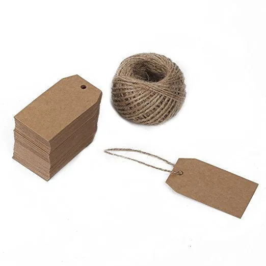 100 PCS Kraft Gift Tags 2.7’’x 1.5’’ Brown Craft Tags with String Blank Hang Tags with 100 Feet Jute Twine