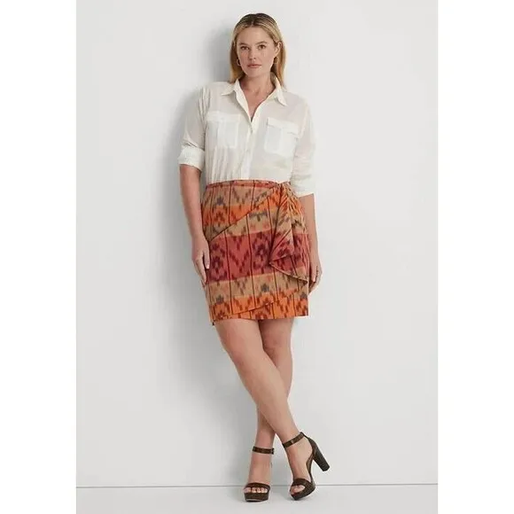$145 Lauren Ralph Lauren 22W Geo Motif Berry Cotton Linen Wrap Skirt Ikat Tribal