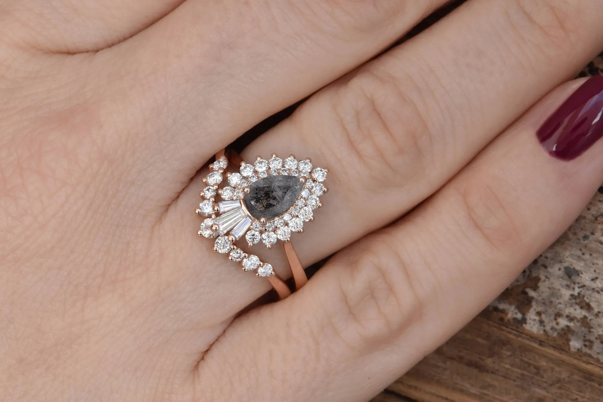 1.60 ct salt and pepper pear cut diamond set 14k 18k gold, Platinum ring