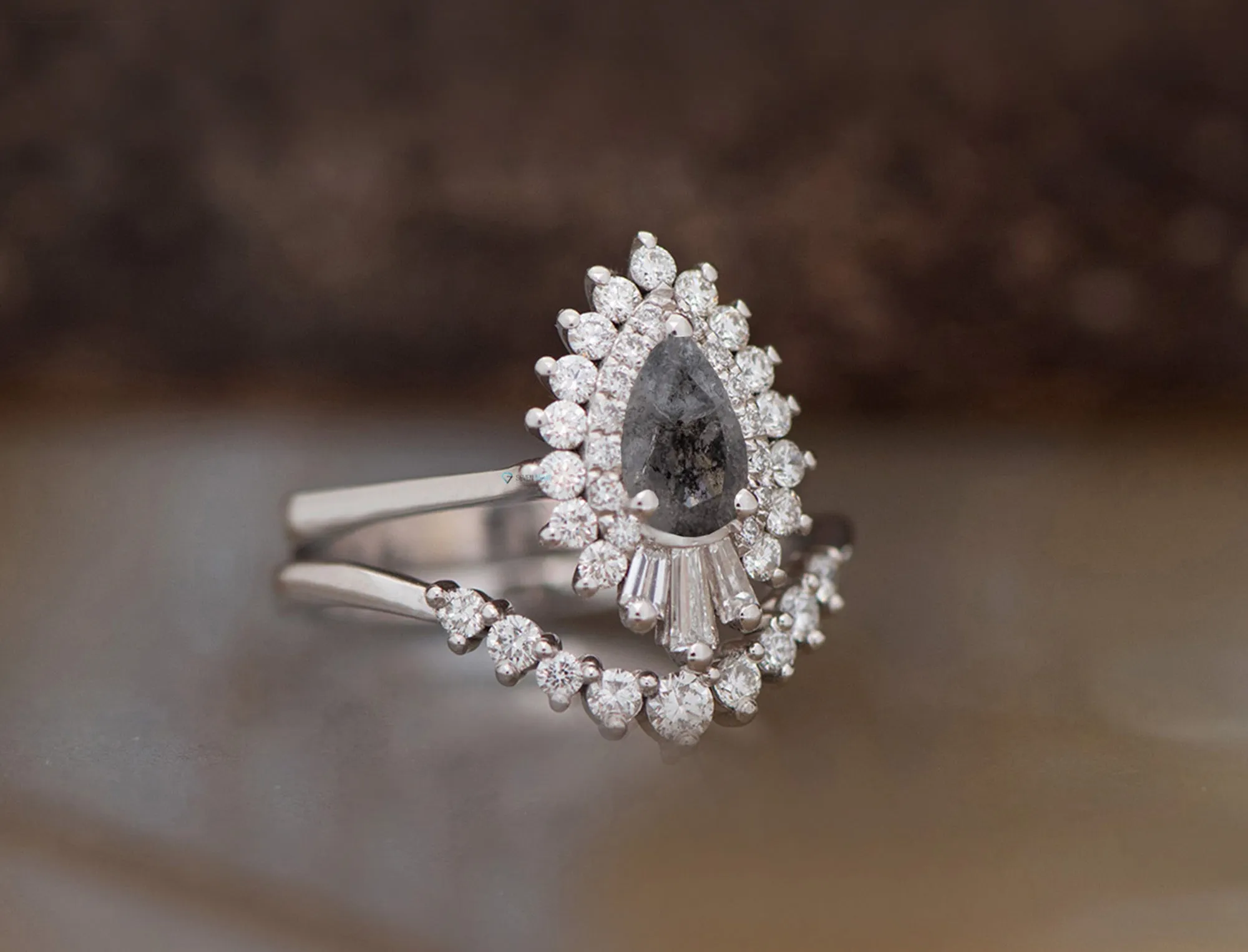 1.60 ct salt and pepper pear cut diamond set 14k 18k gold, Platinum ring