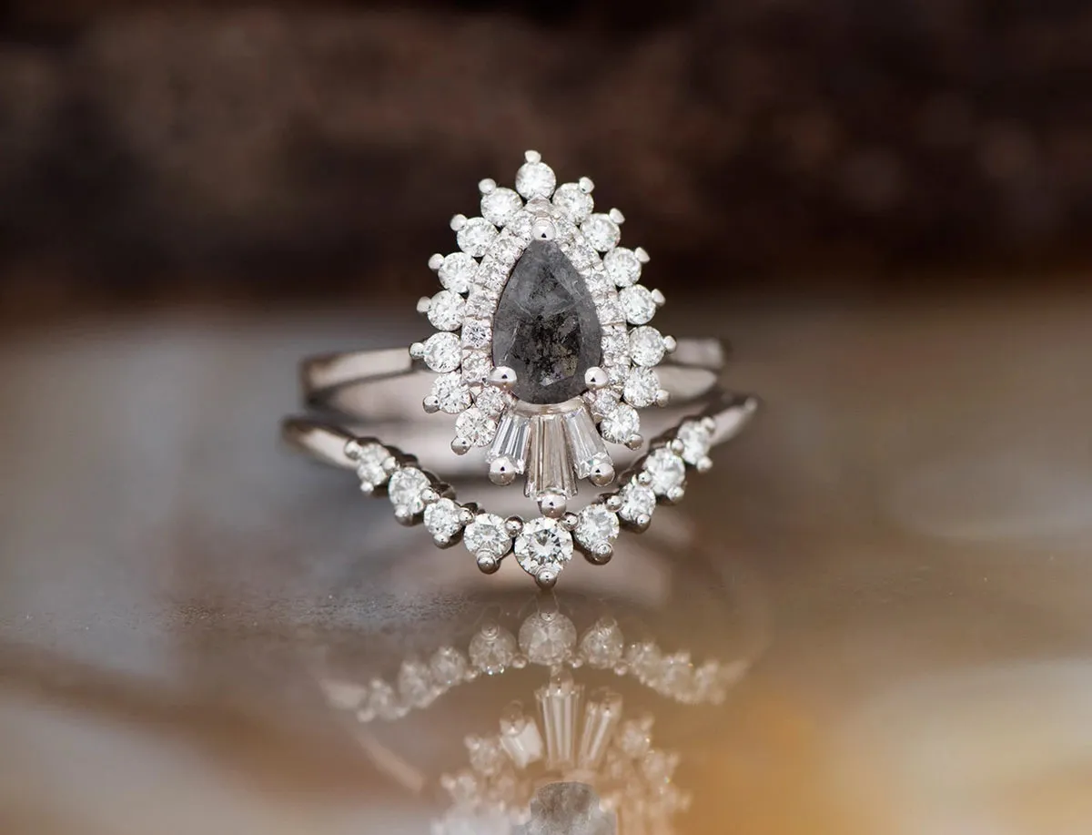 1.60 ct salt and pepper pear cut diamond set 14k 18k gold, Platinum ring