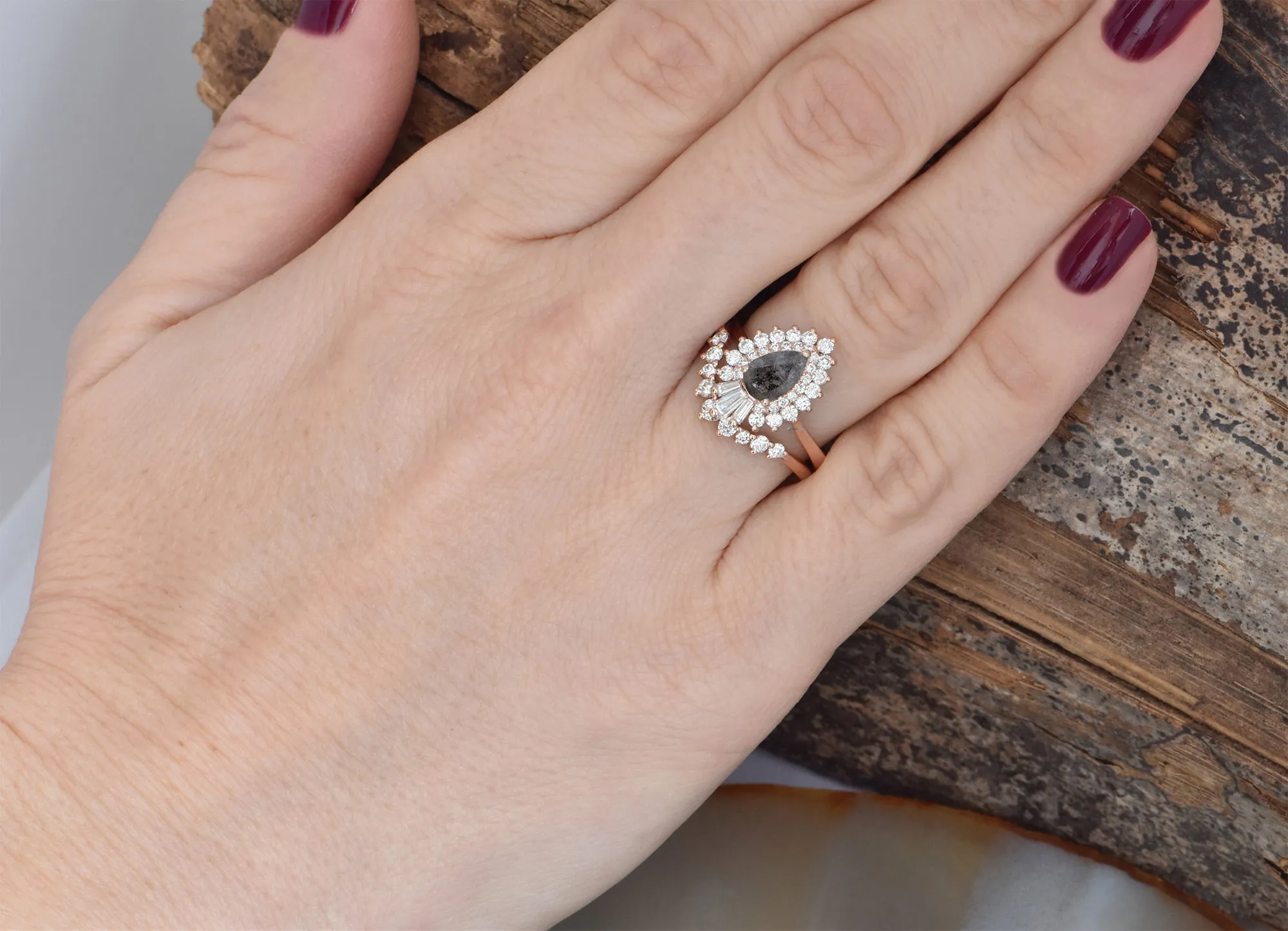 1.60 ct salt and pepper pear cut diamond set 14k 18k gold, Platinum ring