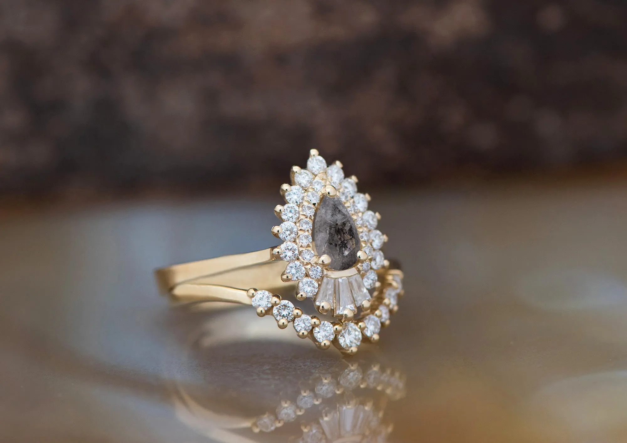 1.60 ct salt and pepper pear cut diamond set 14k 18k gold, Platinum ring