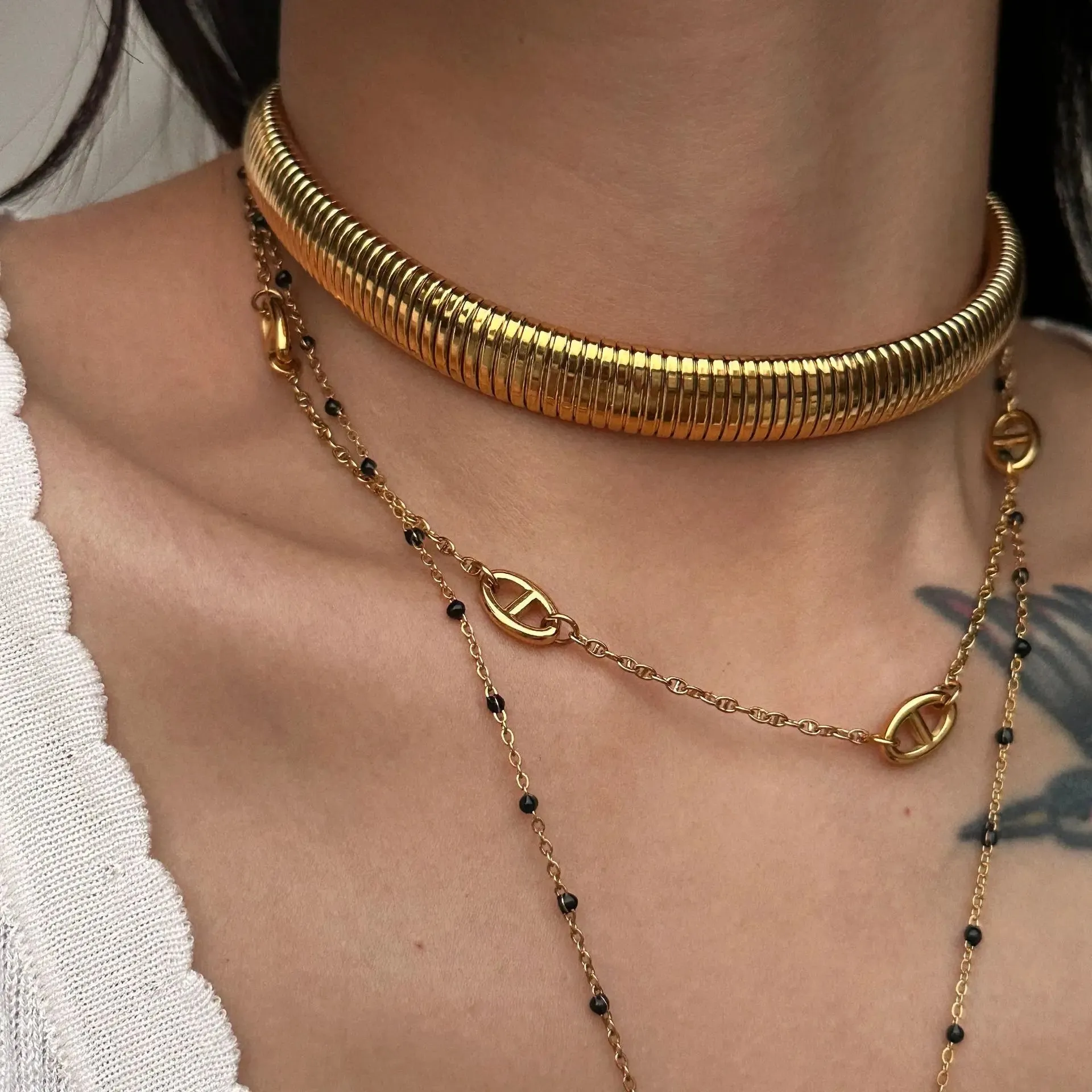 18k Gold Plated Over Titanium Steel Necklace Vintage Gypsy Elastic Choker For Women Girls Designer Fashion Aesthetic Jewelry
