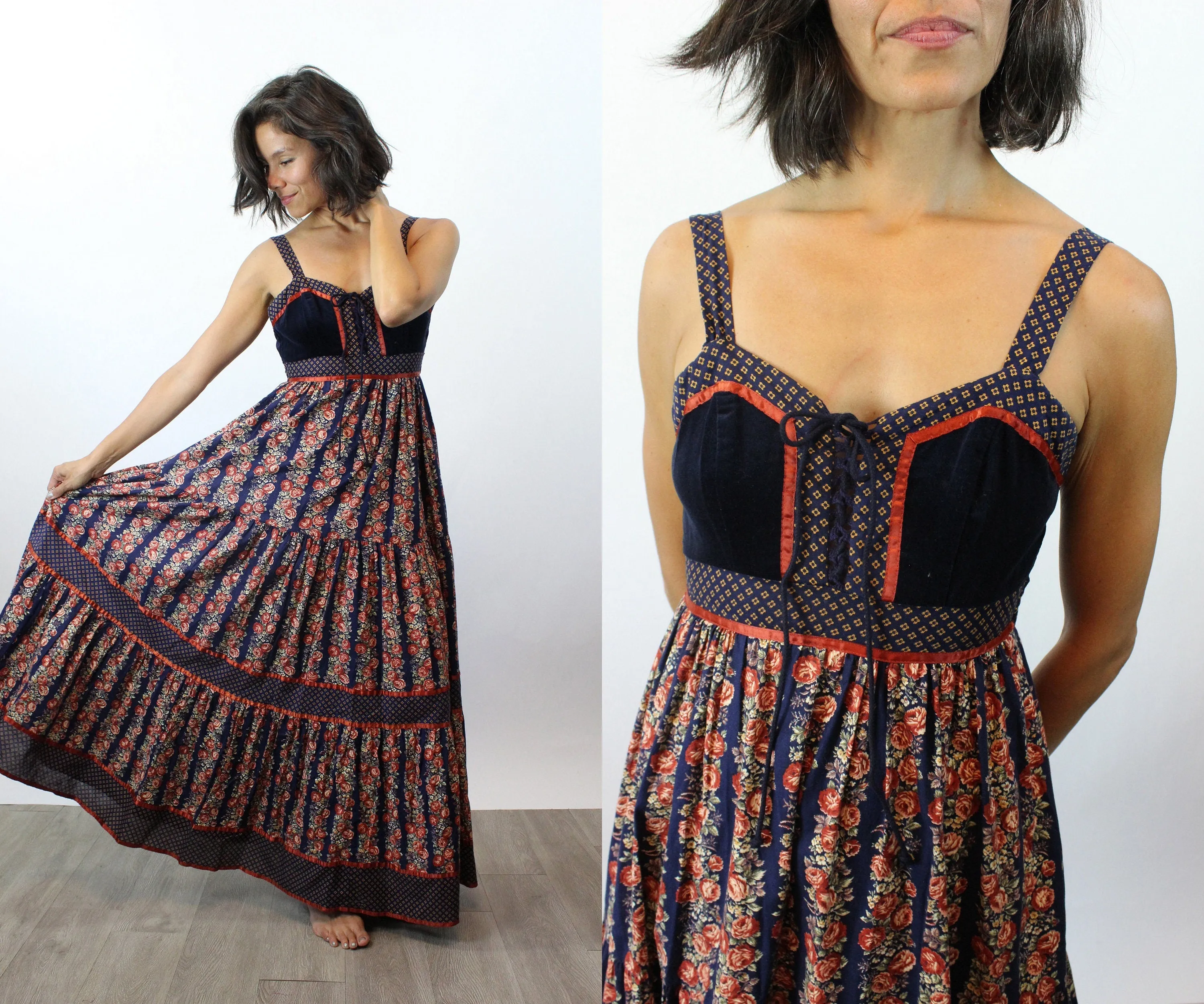 1970s GUNNE SAX cabbage rose corset maxi dress xss | new fall