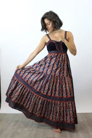1970s GUNNE SAX cabbage rose corset maxi dress xss | new fall
