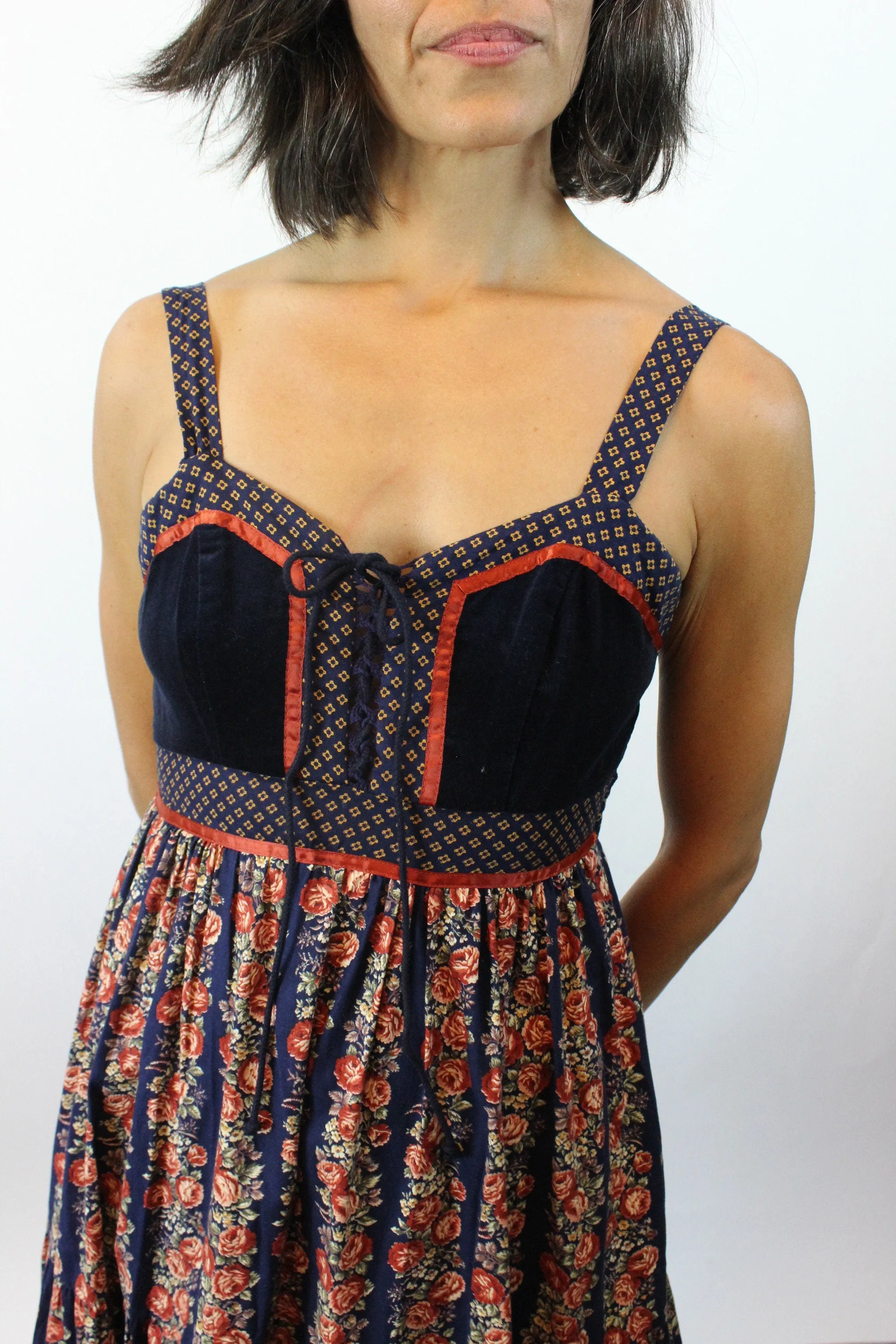 1970s GUNNE SAX cabbage rose corset maxi dress xss | new fall