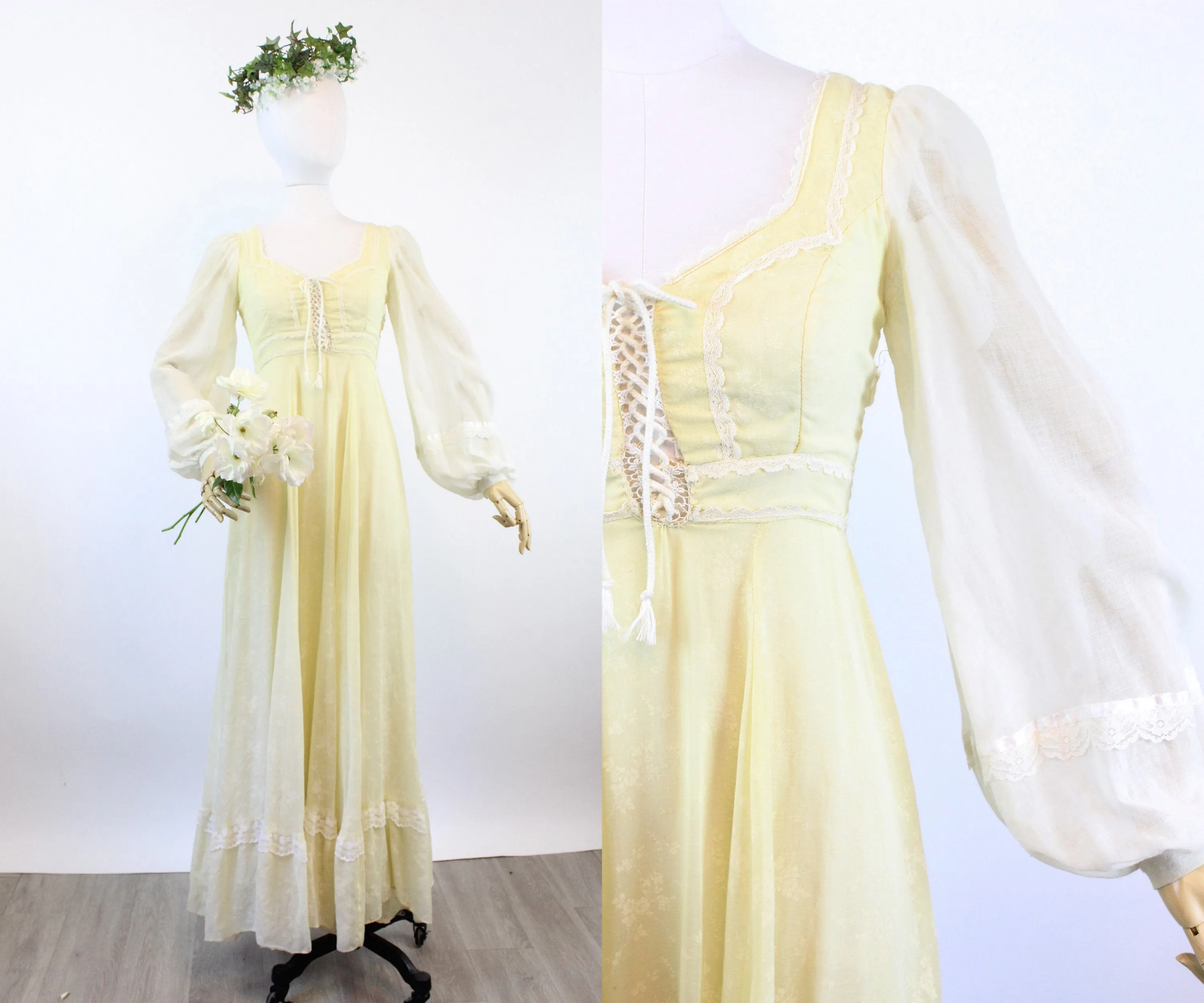 1970s Gunne Sax CORSET yellow floral maxi dress xs | new spring