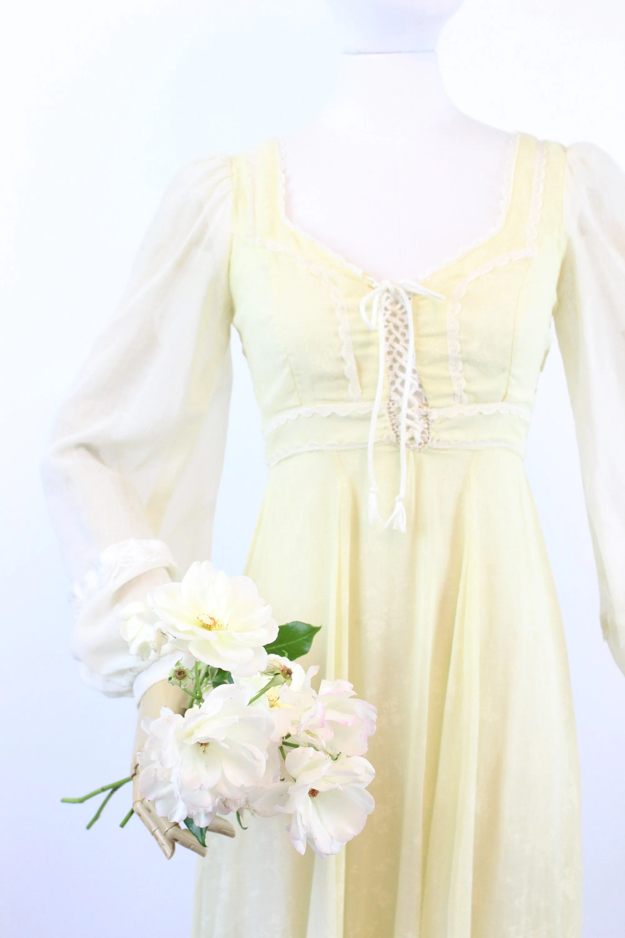 1970s Gunne Sax CORSET yellow floral maxi dress xs | new spring