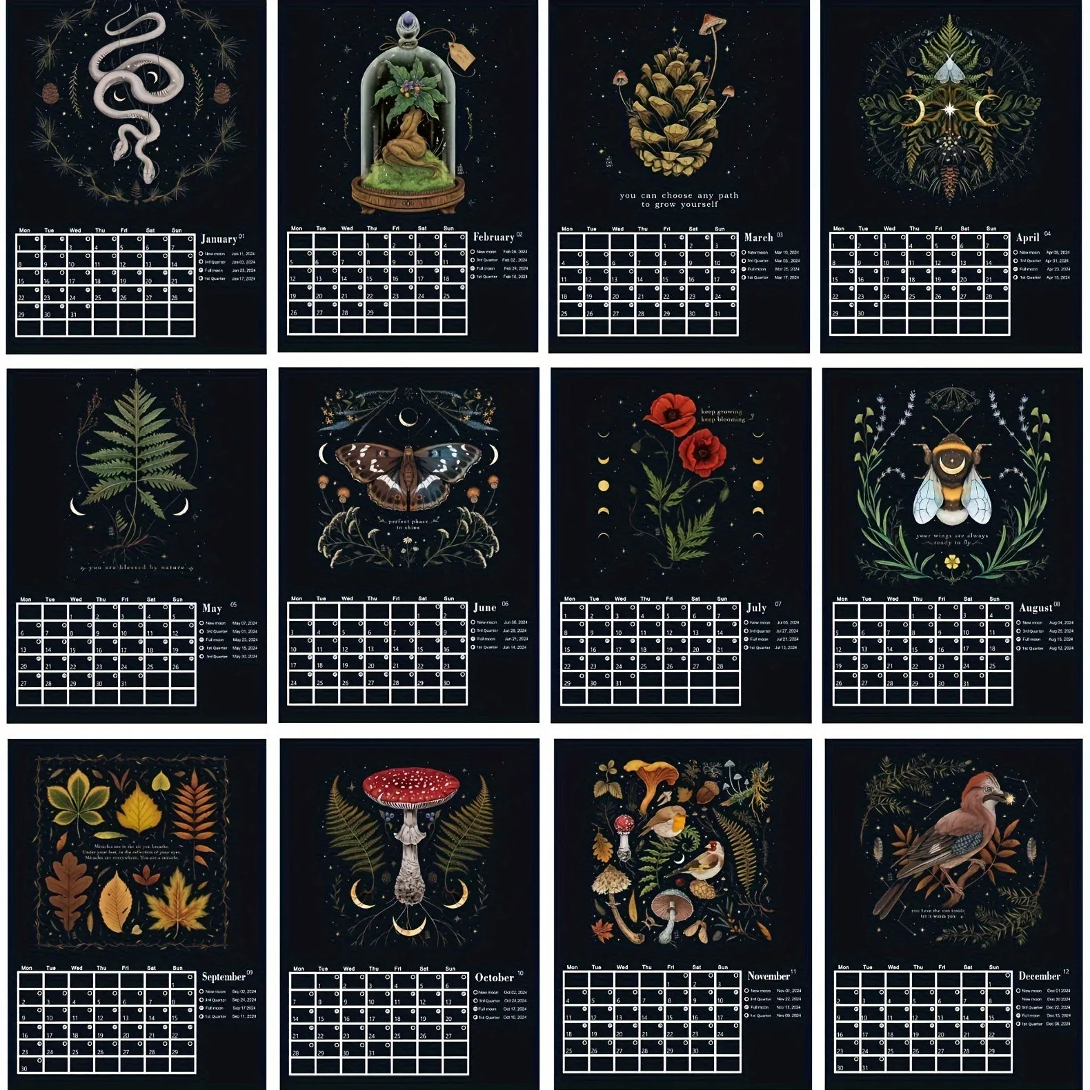 2025 Dark Forest Lunar Calendar New Art Deco Animal Print Fantasy Theme Moon Phase Planner
