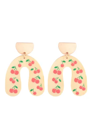 2.2" U SHAPED WOOD CHERRY PRINT POST EARRINGS