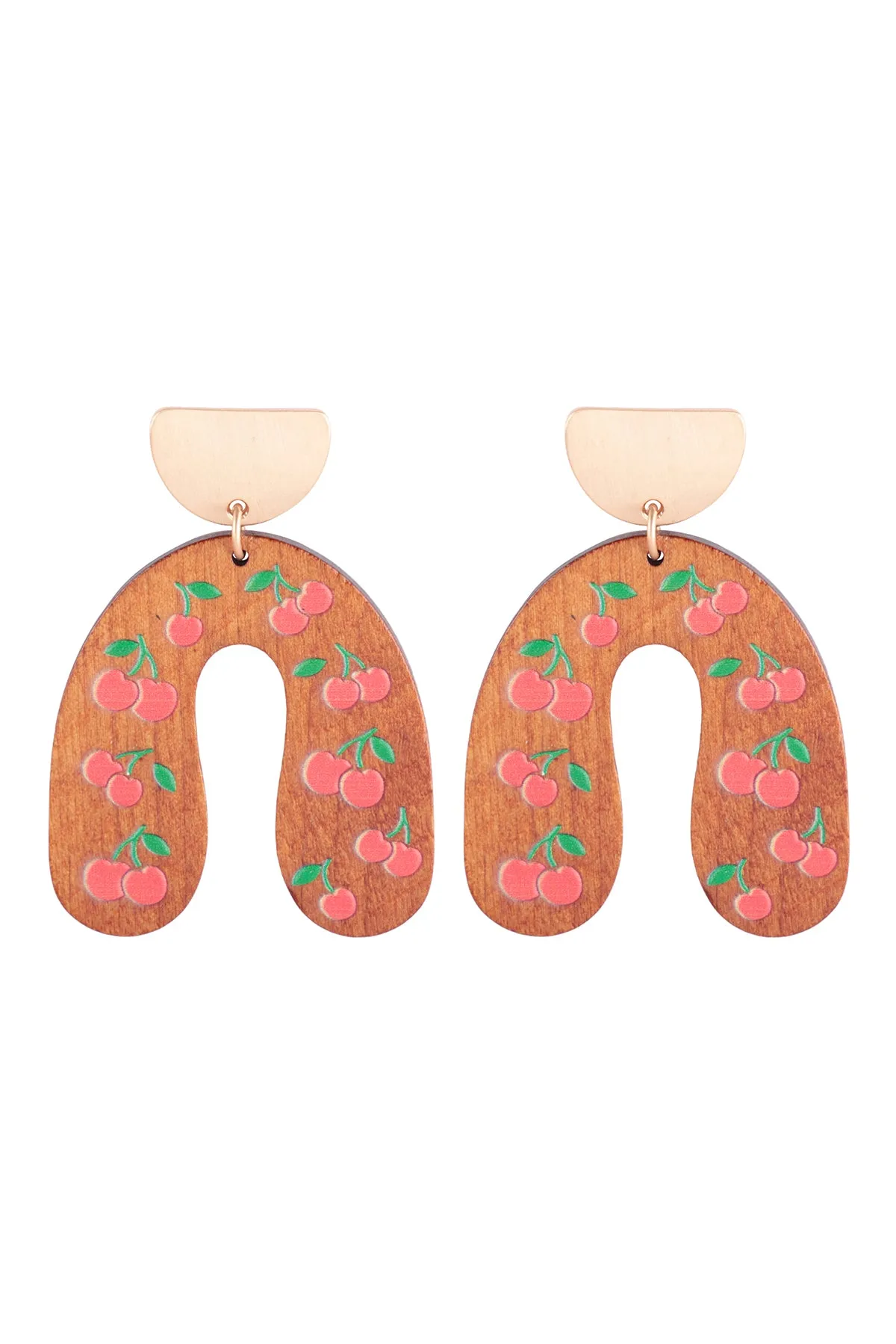 2.2" U SHAPED WOOD CHERRY PRINT POST EARRINGS