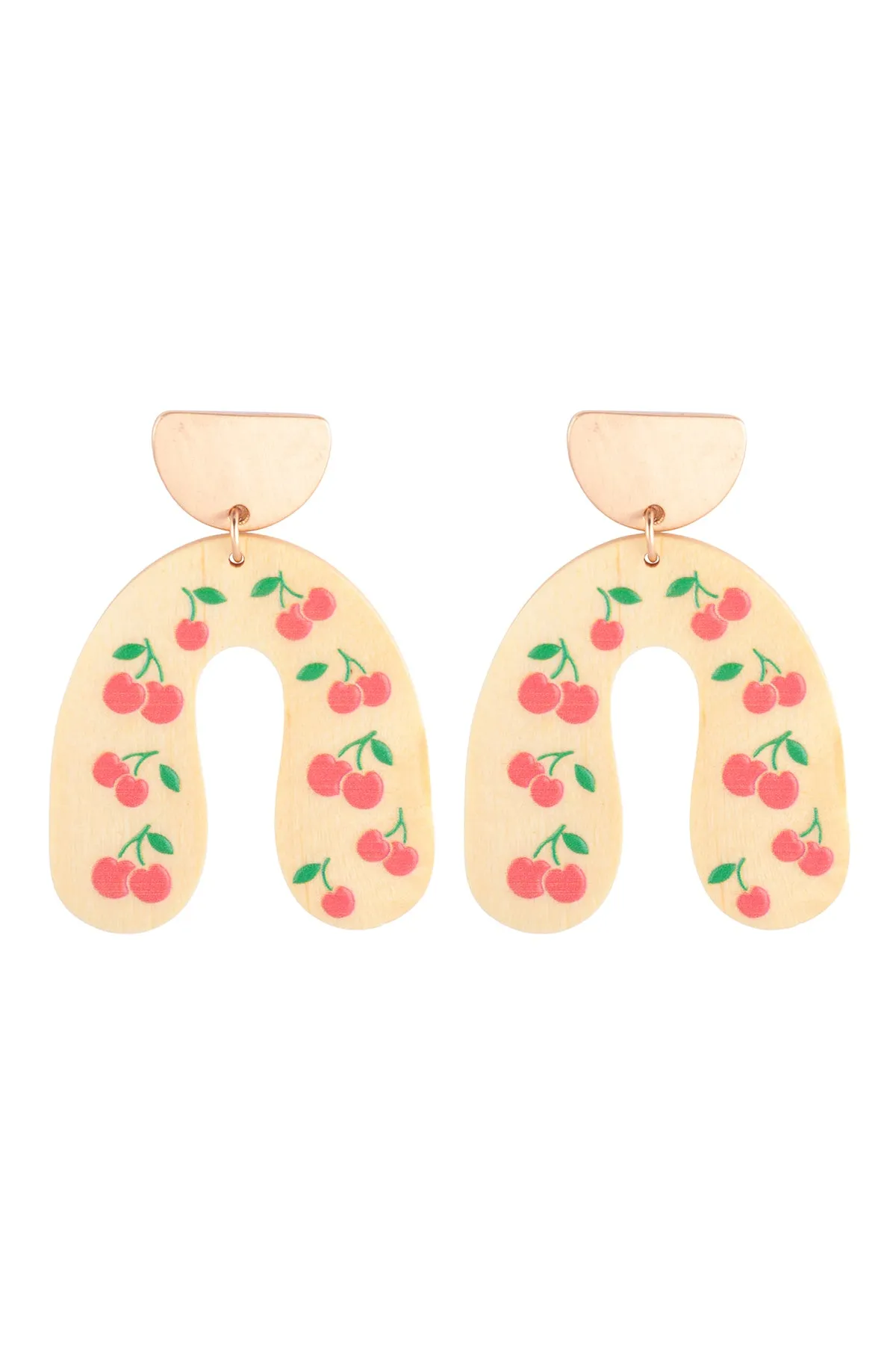 2.2" U SHAPED WOOD CHERRY PRINT POST EARRINGS