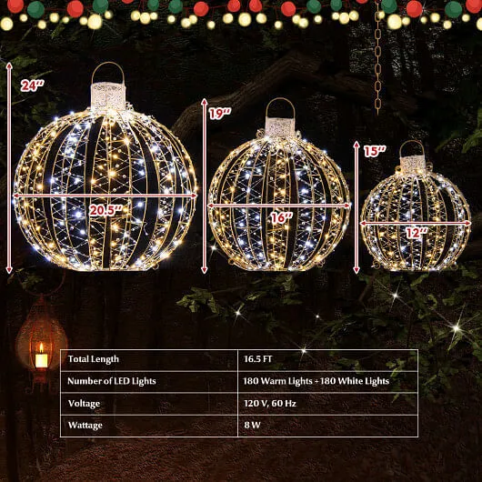 3 Pack Christmas LED Light Balls with Cable Ties and 6 Stakes-Golden - Color: Go