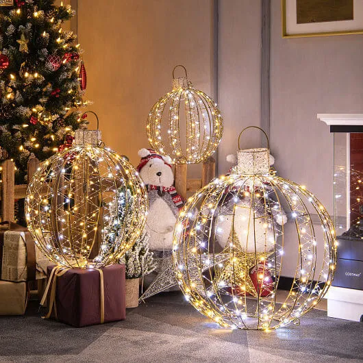 3 Pack Christmas LED Light Balls with Cable Ties and 6 Stakes-Golden - Color: Go