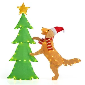 4FT Lighted Tinsel Xmas Tree with Plush Goldendoodle Dog - Color: Multicolor - S
