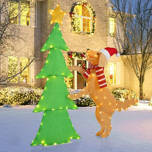 4FT Lighted Tinsel Xmas Tree with Plush Goldendoodle Dog - Color: Multicolor - S