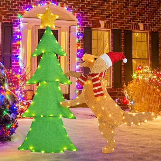 4FT Lighted Tinsel Xmas Tree with Plush Goldendoodle Dog - Color: Multicolor - S