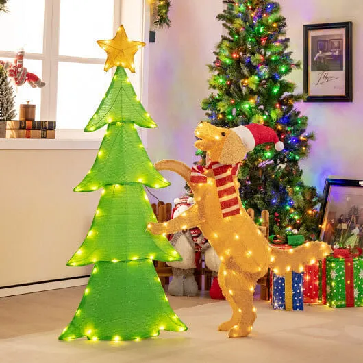 4FT Lighted Tinsel Xmas Tree with Plush Goldendoodle Dog - Color: Multicolor - S