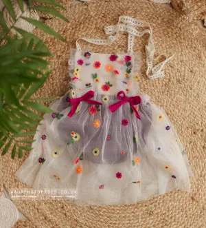 9-12 months size romper, berry pink, flowers, boho, tulle, RTS