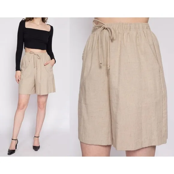 90s Oatmeal Linen‎ Shorts - Small to Medium | Vintage High Rise Casual Shorts