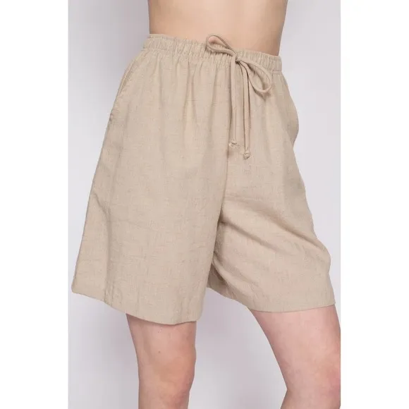 90s Oatmeal Linen‎ Shorts - Small to Medium | Vintage High Rise Casual Shorts