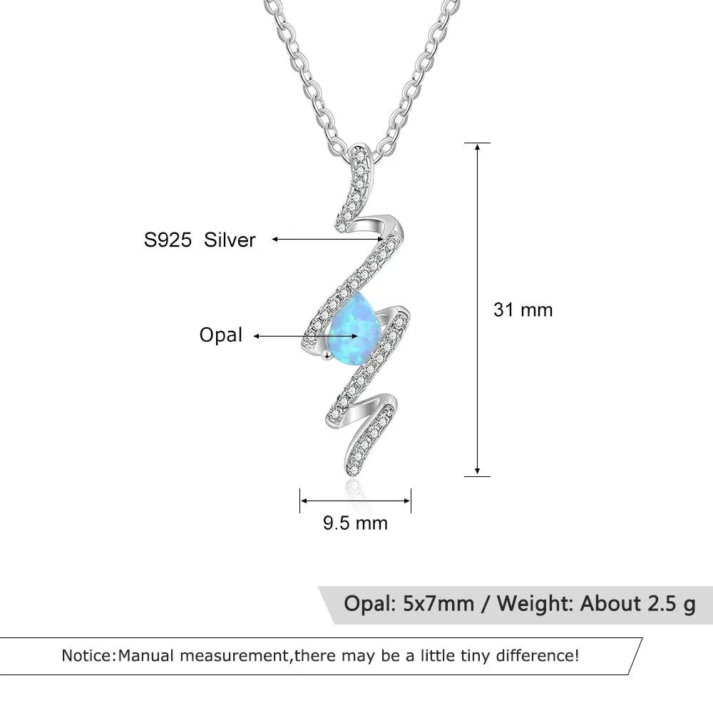 925 Sterling Silver Geometric Necklace with Ribbon Shape Twist Blue Opal Pendant, Gift for Women