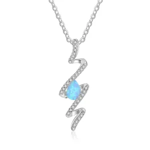 925 Sterling Silver Geometric Necklace with Ribbon Shape Twist Blue Opal Pendant, Gift for Women