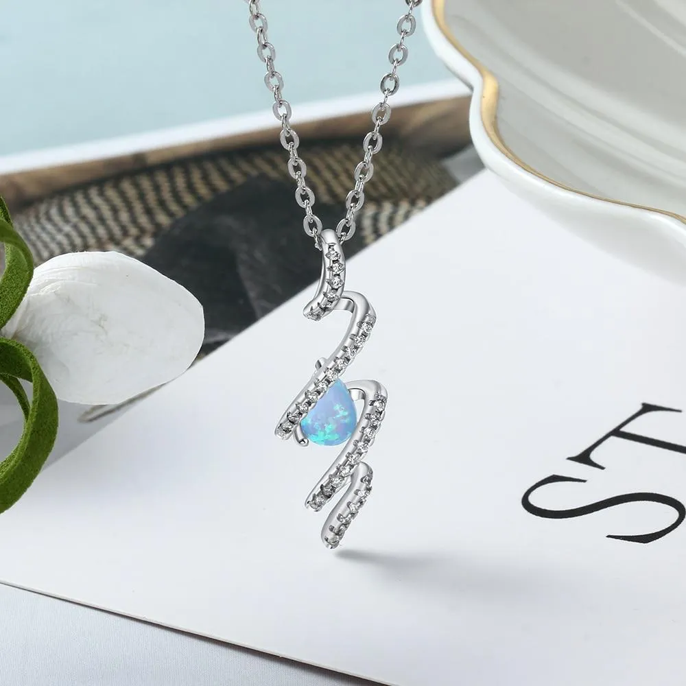 925 Sterling Silver Geometric Necklace with Ribbon Shape Twist Blue Opal Pendant, Gift for Women