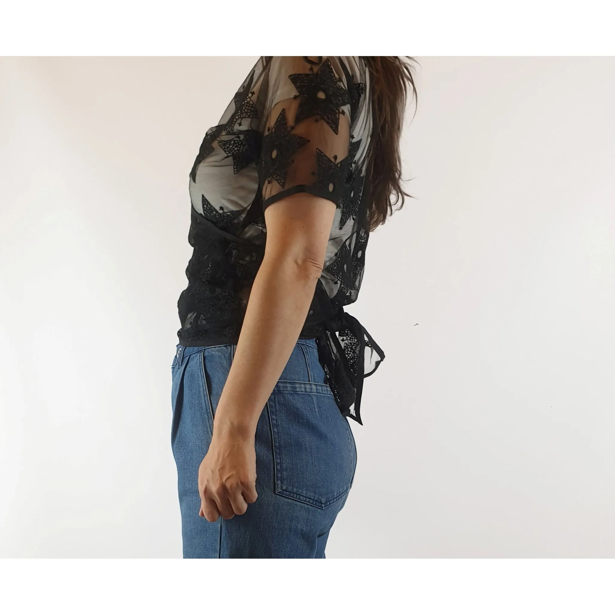 Alpha 60 preloved sheer black tuile-like fabric with cotton star embroydery size XXS (fits 6-10)