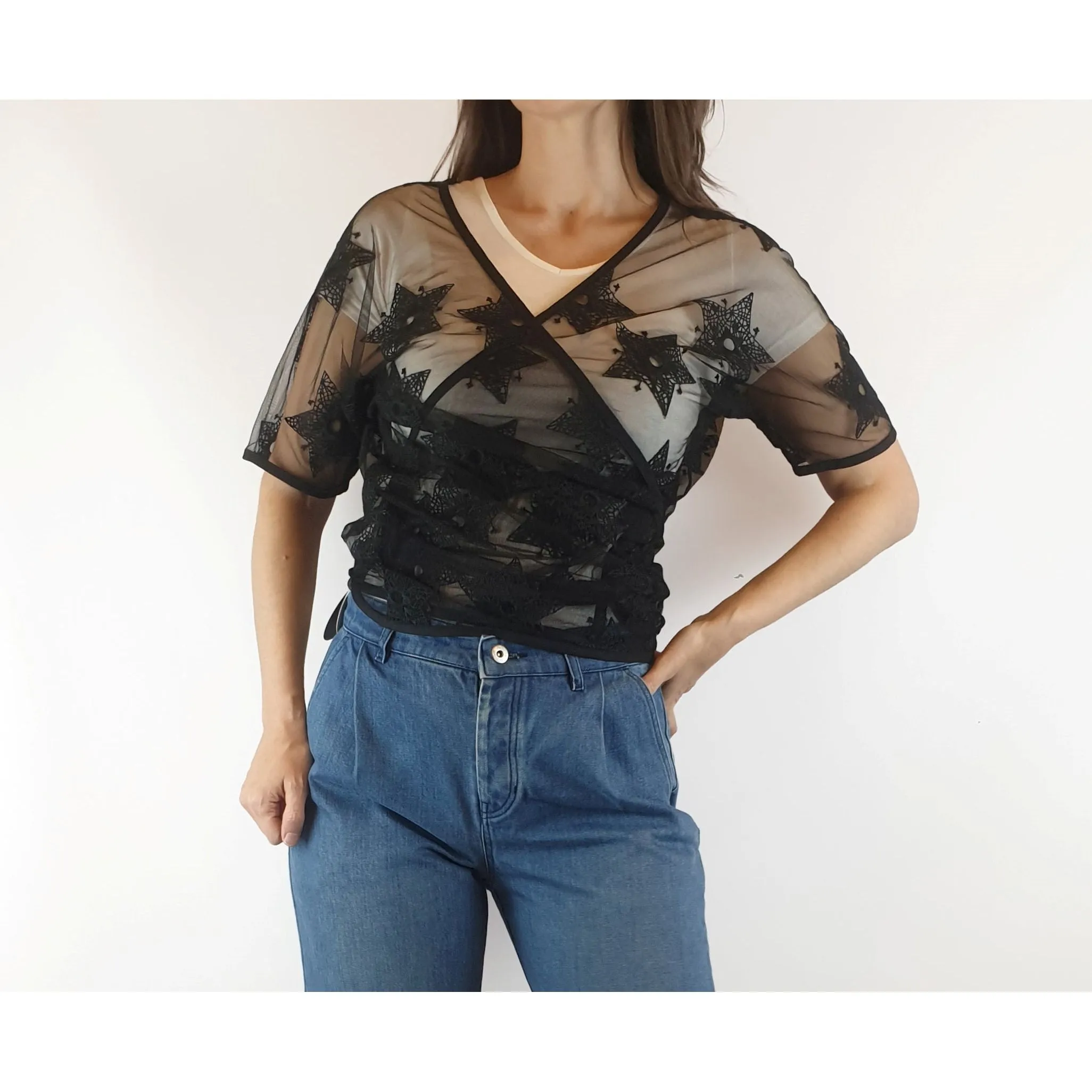 Alpha 60 preloved sheer black tuile-like fabric with cotton star embroydery size XXS (fits 6-10)