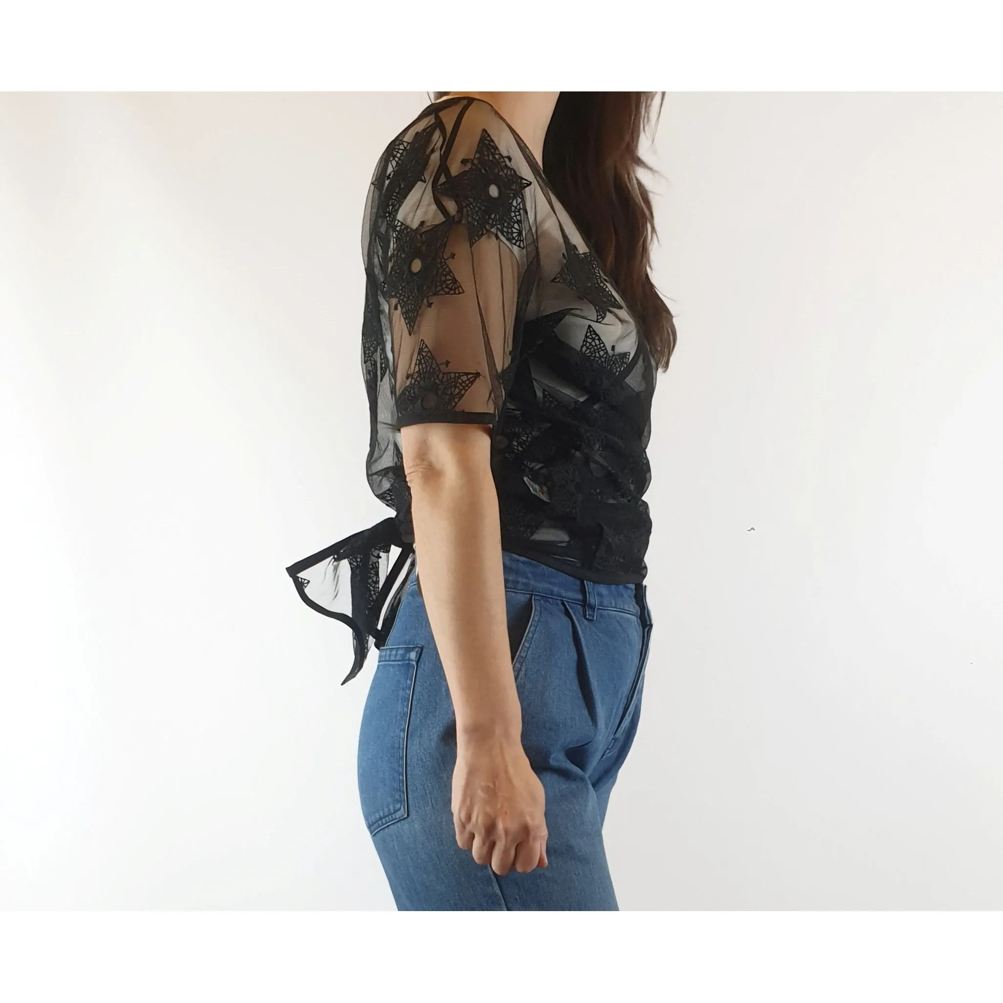 Alpha 60 preloved sheer black tuile-like fabric with cotton star embroydery size XXS (fits 6-10)