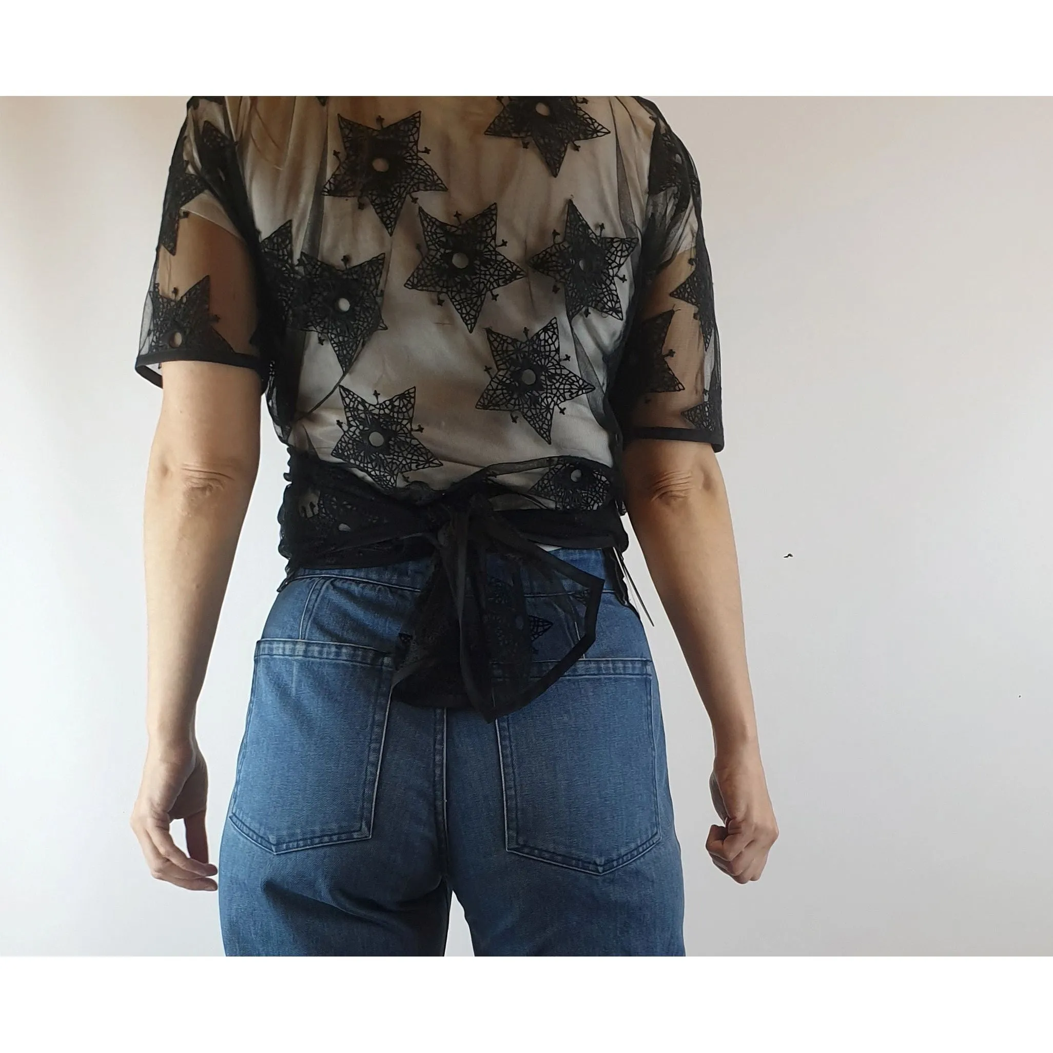 Alpha 60 preloved sheer black tuile-like fabric with cotton star embroydery size XXS (fits 6-10)