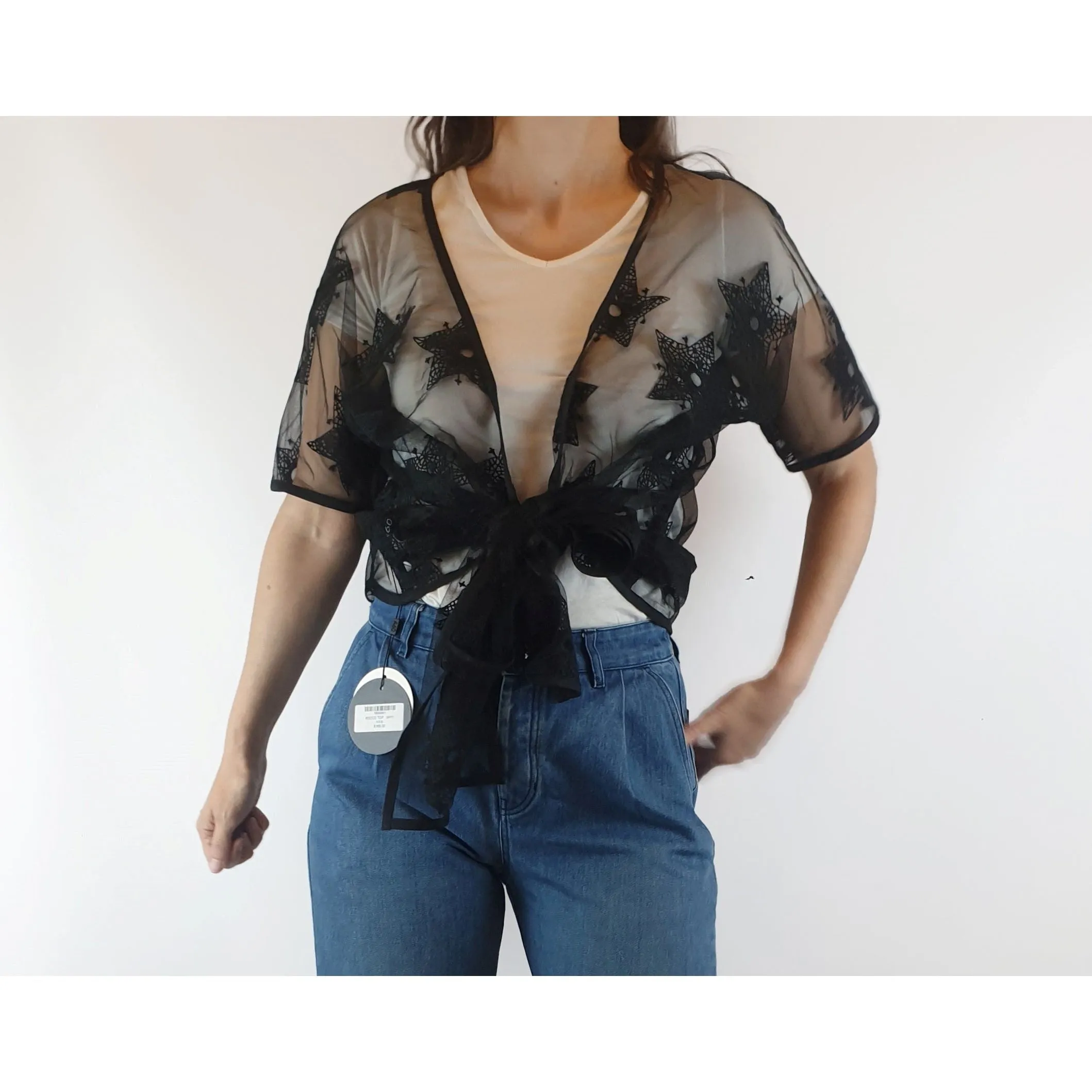Alpha 60 preloved sheer black tuile-like fabric with cotton star embroydery size XXS (fits 6-10)