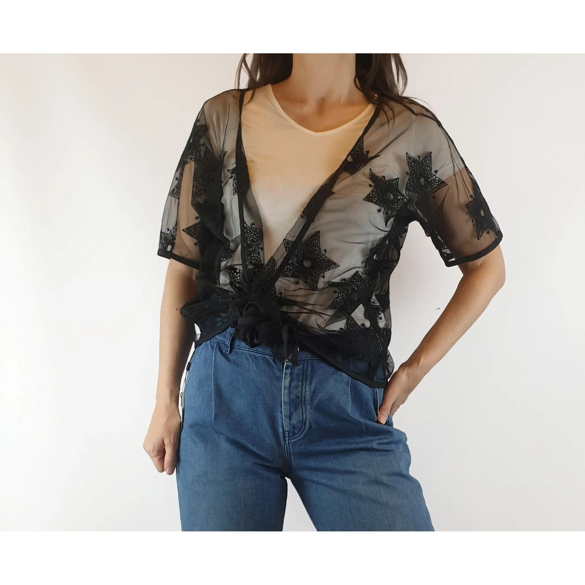 Alpha 60 preloved sheer black tuile-like fabric with cotton star embroydery size XXS (fits 6-10)