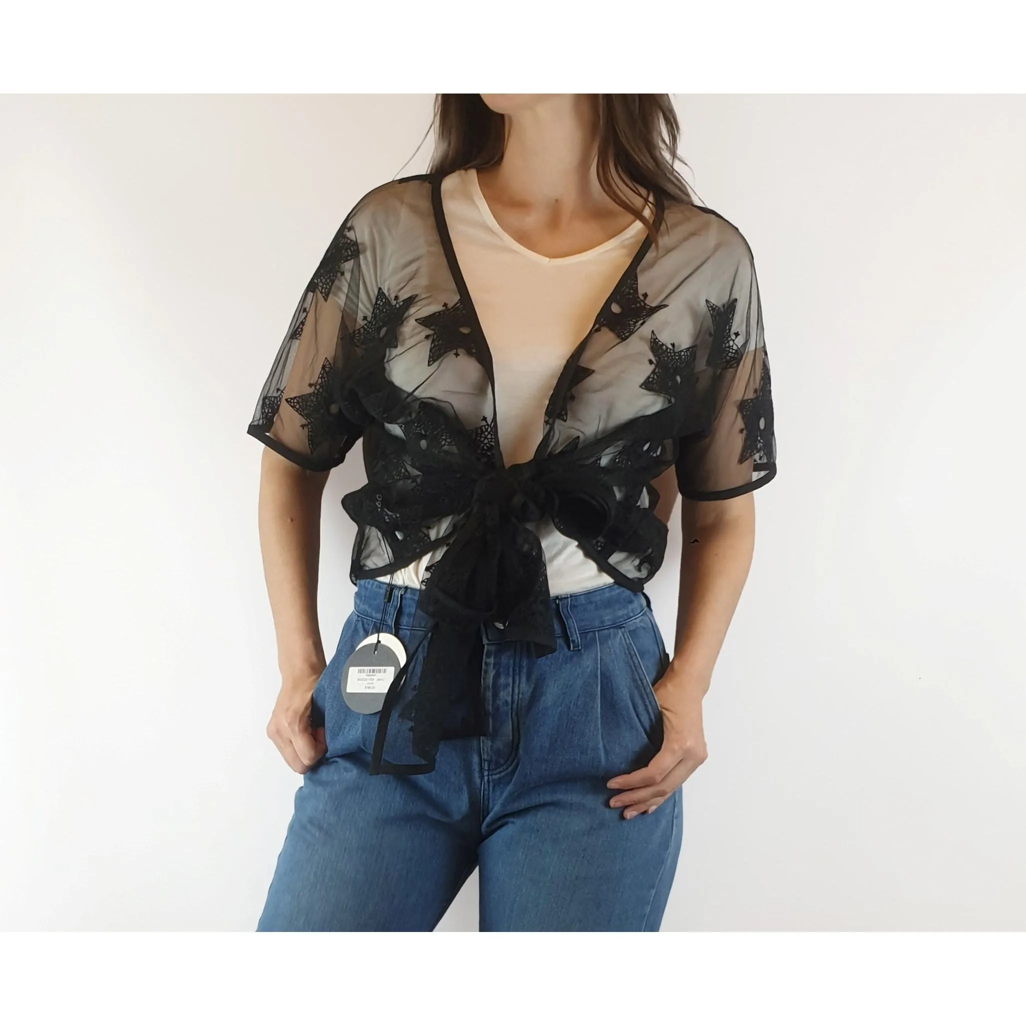 Alpha 60 preloved sheer black tuile-like fabric with cotton star embroydery size XXS (fits 6-10)