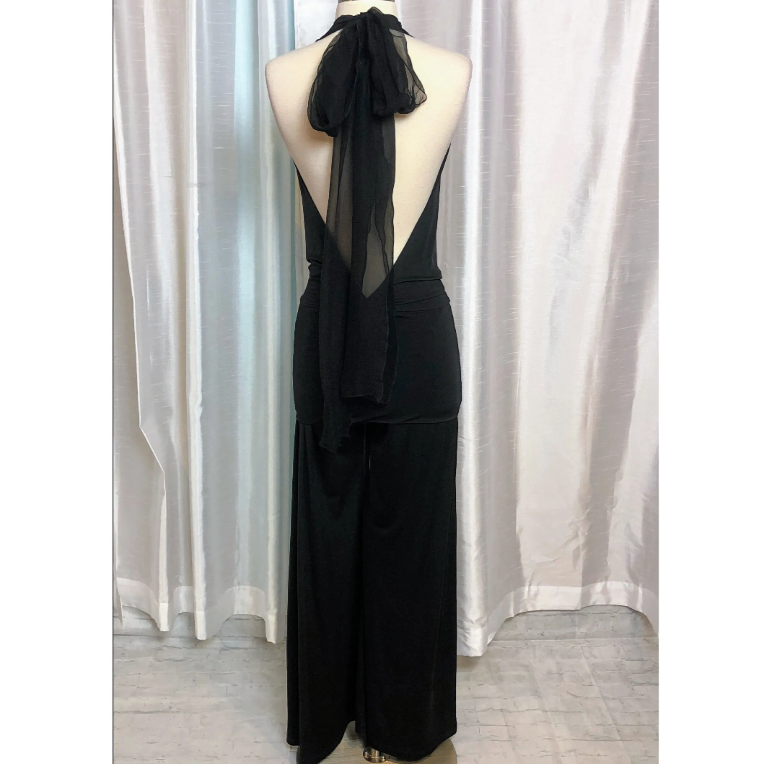 ANALILI Black Stretch Knit Plunging Draped V Halter Jumpsuit with Open Back Size XS NWT