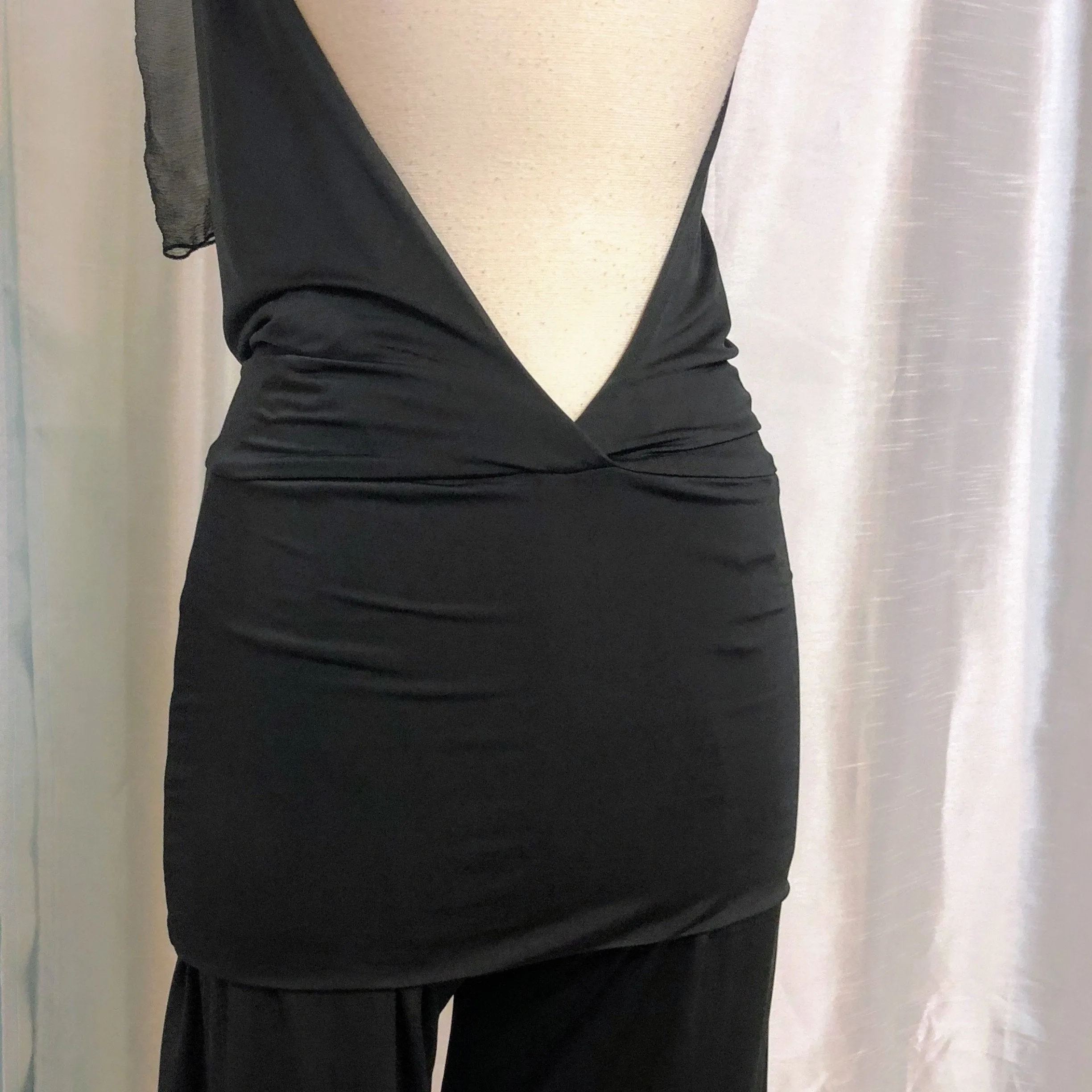 ANALILI Black Stretch Knit Plunging Draped V Halter Jumpsuit with Open Back Size XS NWT