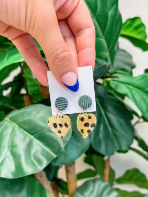 Animal Print Heart Statement Dangle Earrings - Tan