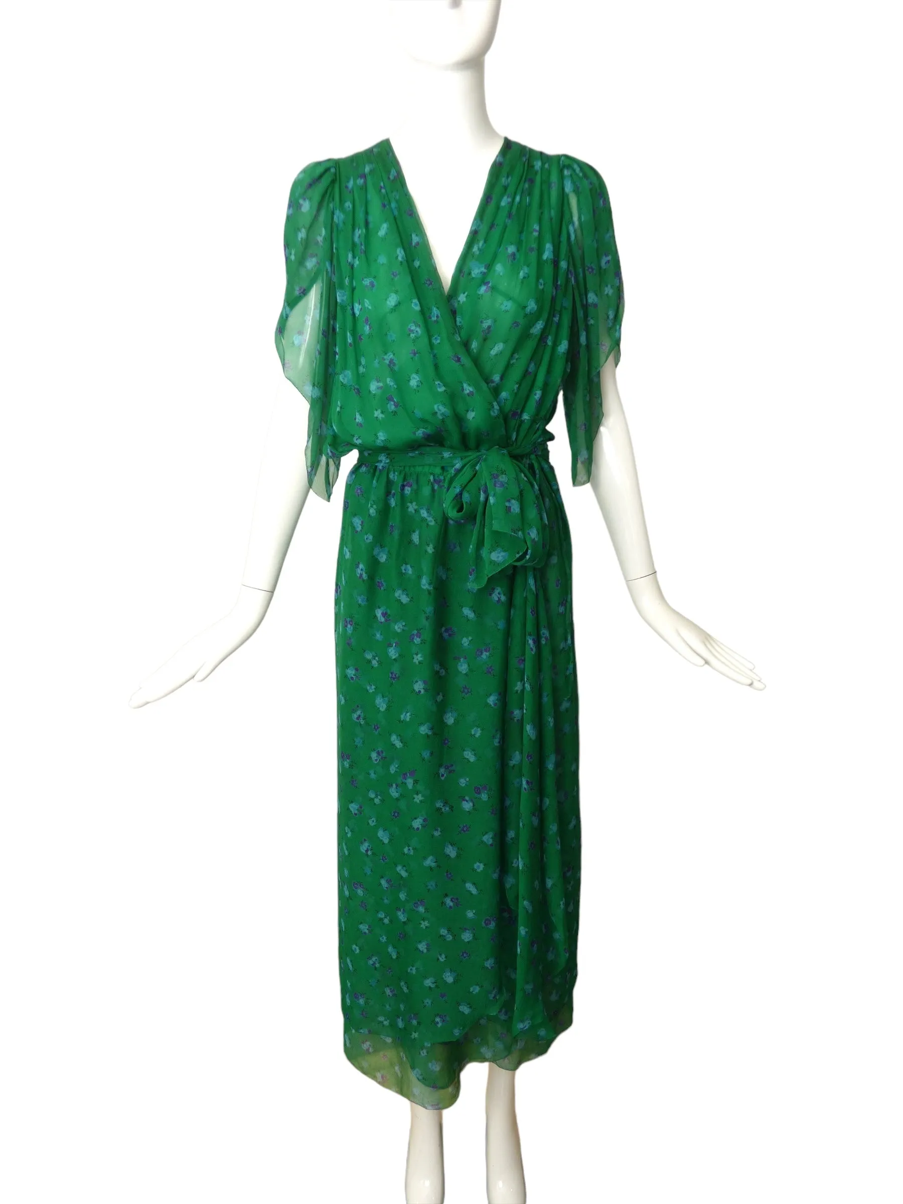 ANNA WEATHERLEY- 1980s Floral Chiffon Wrap Dress, Size 10