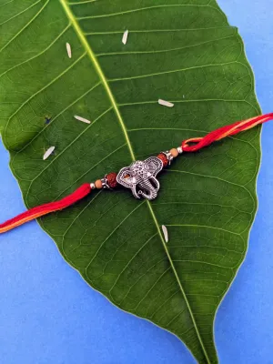Antique Rakhi Design German Silver Oxidized Ganesha Face Pendant Multicoloured Mauli Raksha Bandhan