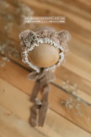 Baby newborn bonnet, beige, boho, bear ears, vintage, velvet ties, made to order