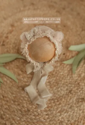 Baby newborn bonnet, light beige, boho, bear ears, vintage, velvet ties, made to order