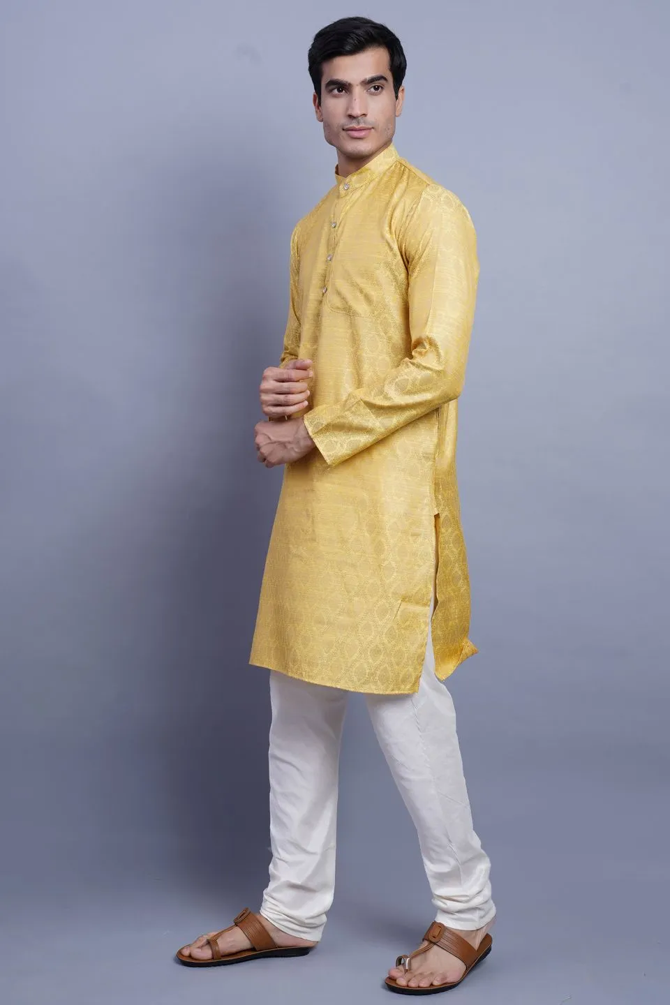 Banarasi Art Silk Cotton Yellow Kurta Pajama