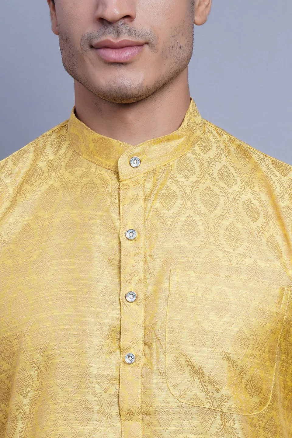 Banarasi Art Silk Cotton Yellow Kurta Pajama