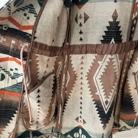 BB Dakota Brown and Orange Cape with Geometric Pattern and Fur-Lined Collar