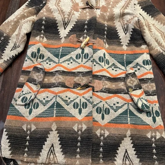 BB Dakota Brown and Orange Cape with Geometric Pattern and Fur-Lined Collar