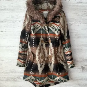 BB Dakota Brown and Orange Cape with Geometric Pattern and Fur-Lined Collar