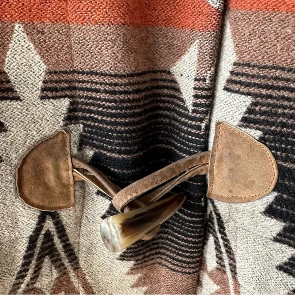 BB Dakota Brown and Orange Cape with Geometric Pattern and Fur-Lined Collar