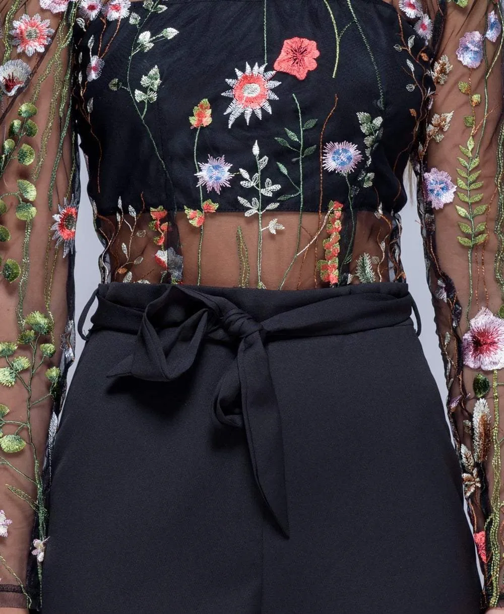 Black Mesh Embroidered Bardot Playsuit - Nicole